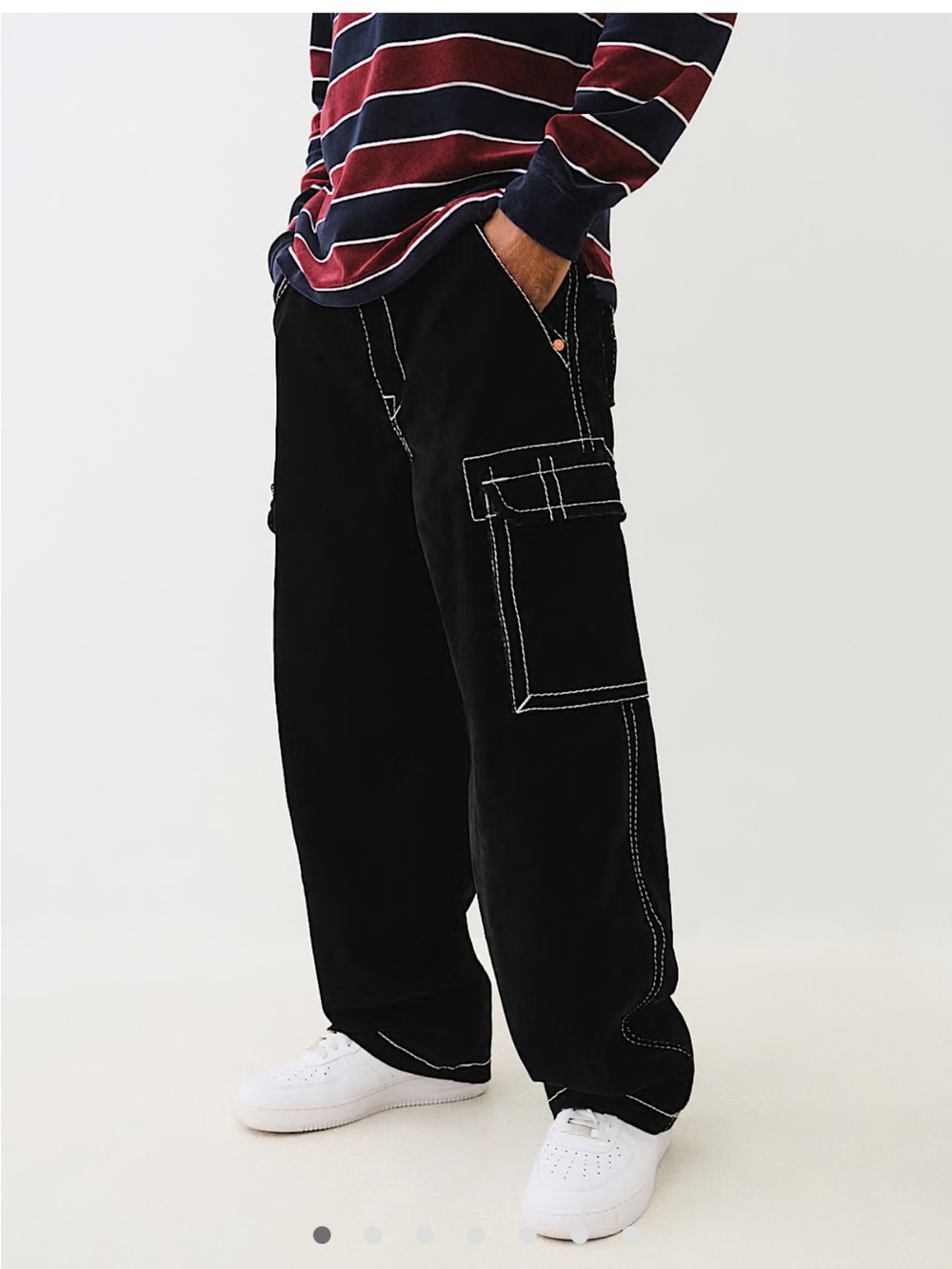 True Religion Men's Corduroy Black Cargo Pants with Contrast White Stitching